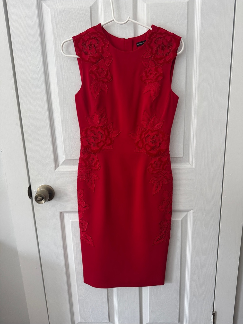 Karen Millen Red Sleeveless Sheath Dress with Floral Appliqué Detail